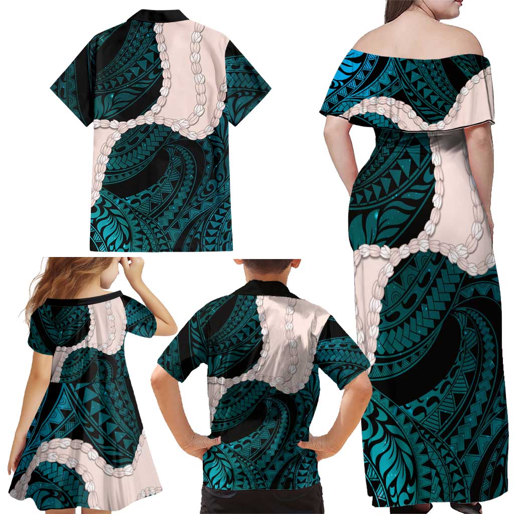 Teal Galaxy Polynesia Tribal Octopus Tattoo Family Matching Off Shoulder Maxi Dress and Hawaiian Shirt Pikake Lei Polynesian Pattern