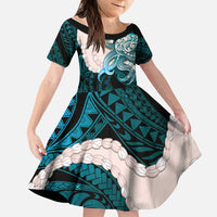 Teal Galaxy Polynesia Tribal Octopus Tattoo Family Matching Off Shoulder Short Dress and Hawaiian Shirt Pikake Lei Polynesian Pattern