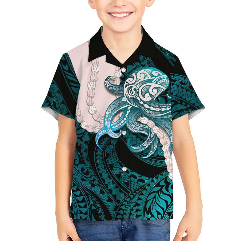 Teal Galaxy Polynesia Tribal Octopus Tattoo Family Matching Puletasi and Hawaiian Shirt Pikake Lei Polynesian Pattern