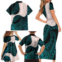 Teal Galaxy Polynesia Tribal Octopus Tattoo Family Matching Short Sleeve Bodycon Dress and Hawaiian Shirt Pikake Lei Polynesian Pattern