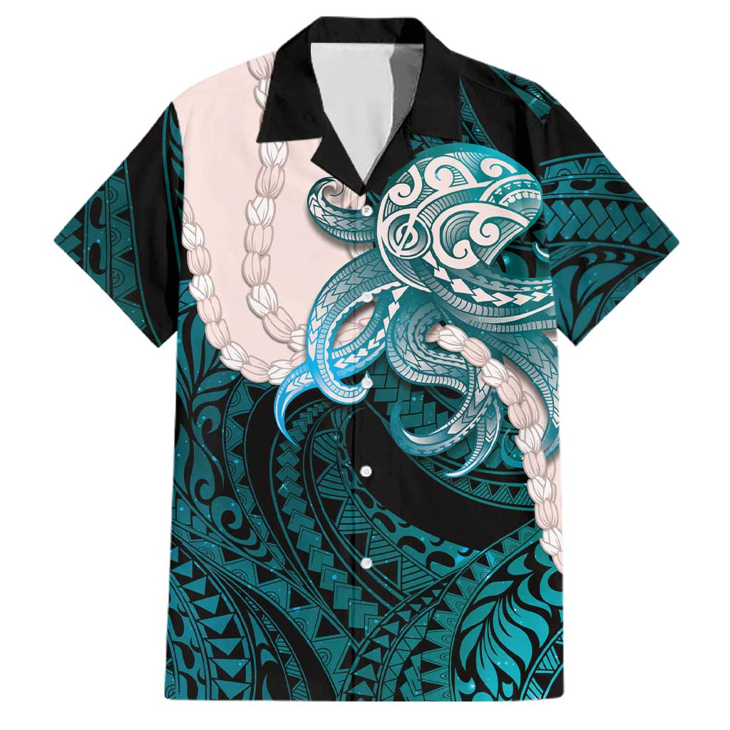 Teal Galaxy Polynesia Tribal Octopus Tattoo Family Matching Summer Maxi Dress and Hawaiian Shirt Pikake Lei Polynesian Pattern