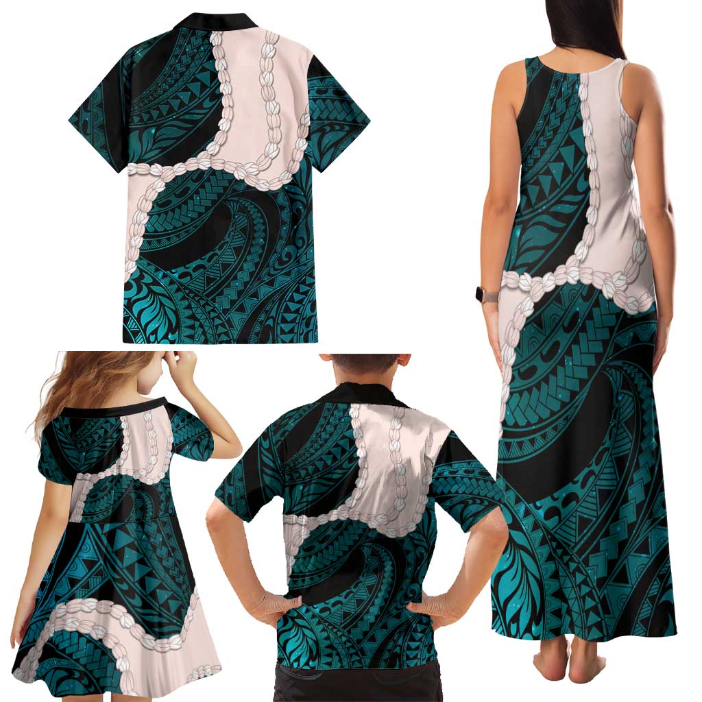 Teal Galaxy Polynesia Tribal Octopus Tattoo Family Matching Tank Maxi Dress and Hawaiian Shirt Pikake Lei Polynesian Pattern