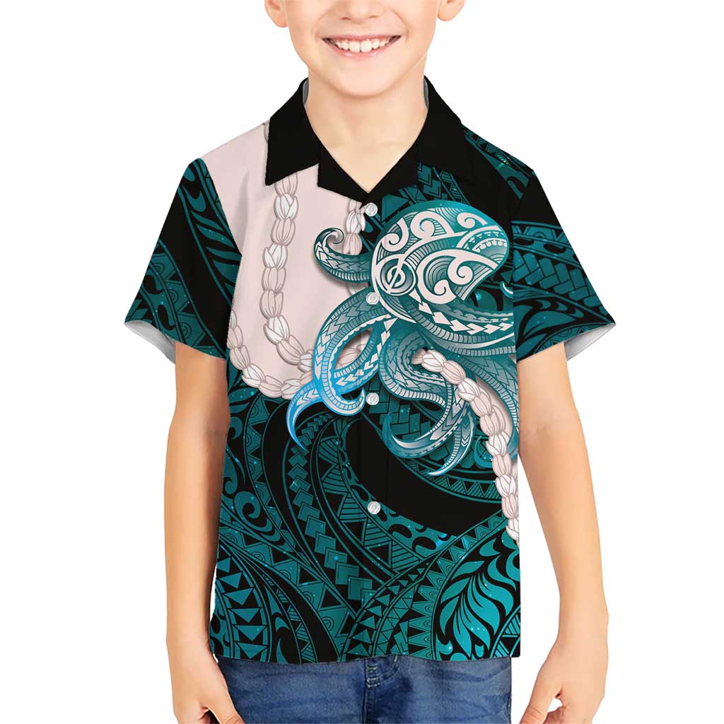 Teal Galaxy Polynesia Tribal Octopus Tattoo Hawaiian Shirt Pikake Lei Polynesian Pattern