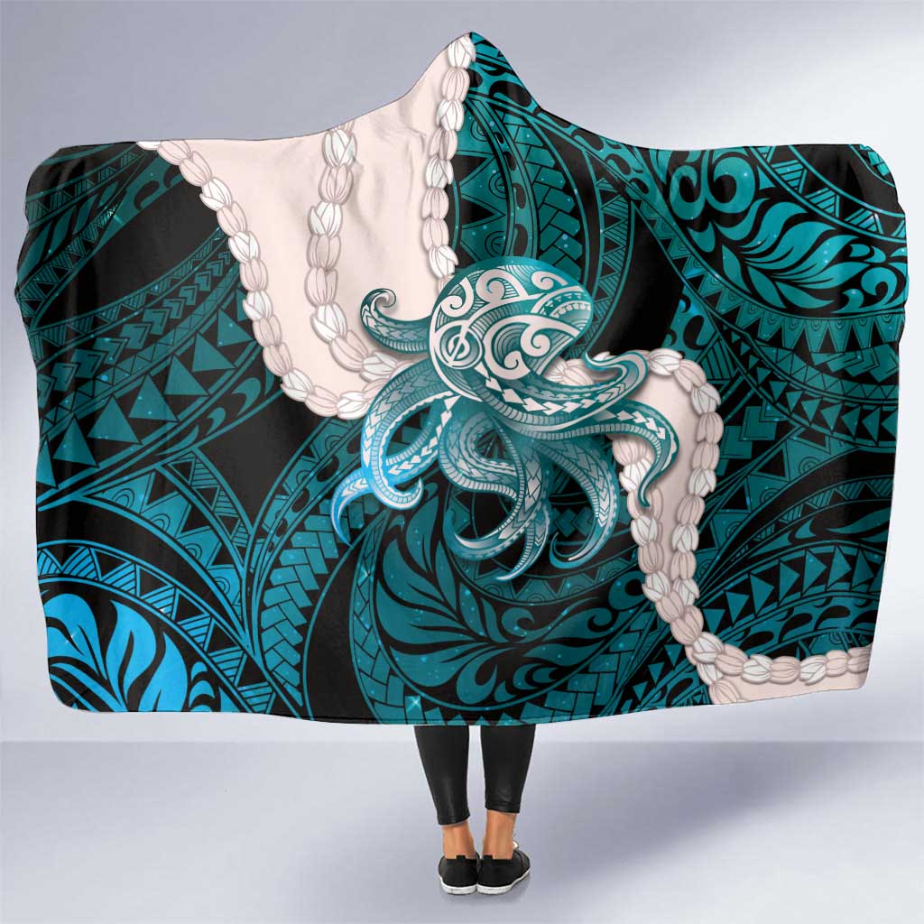 Teal Galaxy Polynesia Tribal Octopus Tattoo Hooded Blanket Pikake Lei Polynesian Pattern
