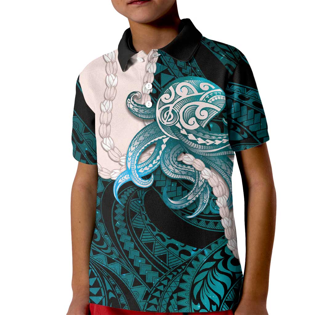 Teal Galaxy Polynesia Tribal Octopus Tattoo Kid Polo Shirt Pikake Lei Polynesian Pattern