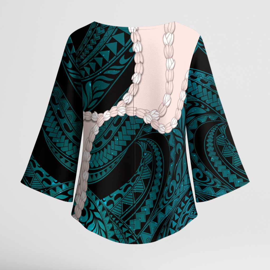 Teal Galaxy Polynesia Tribal Octopus Tattoo Kimono Sleeve Blouse Pikake Lei Polynesian Pattern
