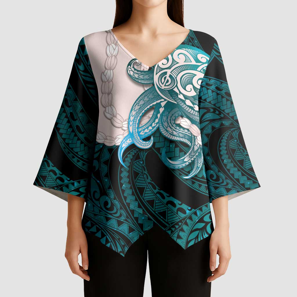 Teal Galaxy Polynesia Tribal Octopus Tattoo Kimono Sleeve Blouse Pikake Lei Polynesian Pattern