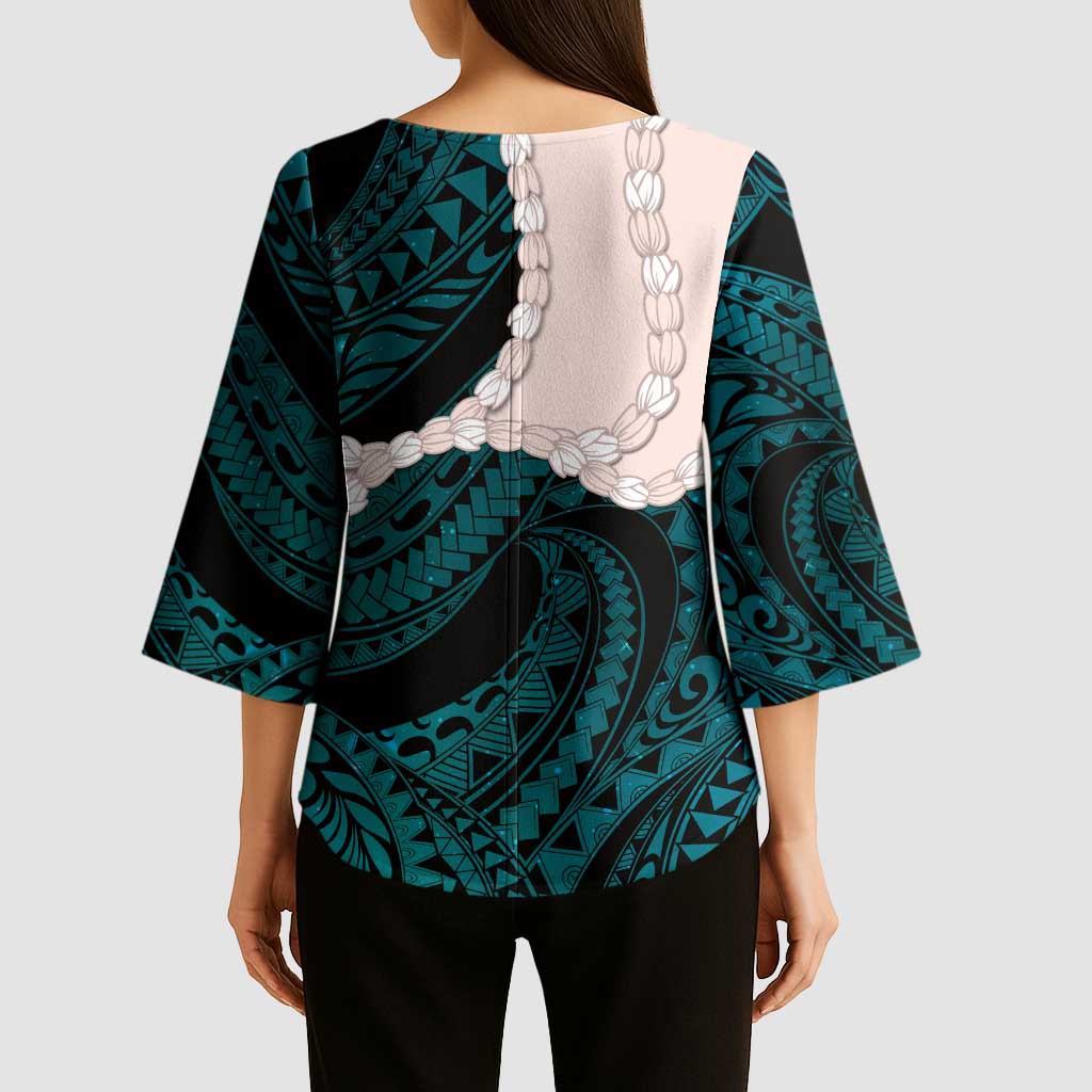 Teal Galaxy Polynesia Tribal Octopus Tattoo Kimono Sleeve Blouse Pikake Lei Polynesian Pattern