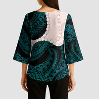 Teal Galaxy Polynesia Tribal Octopus Tattoo Kimono Sleeve Blouse Pikake Lei Polynesian Pattern