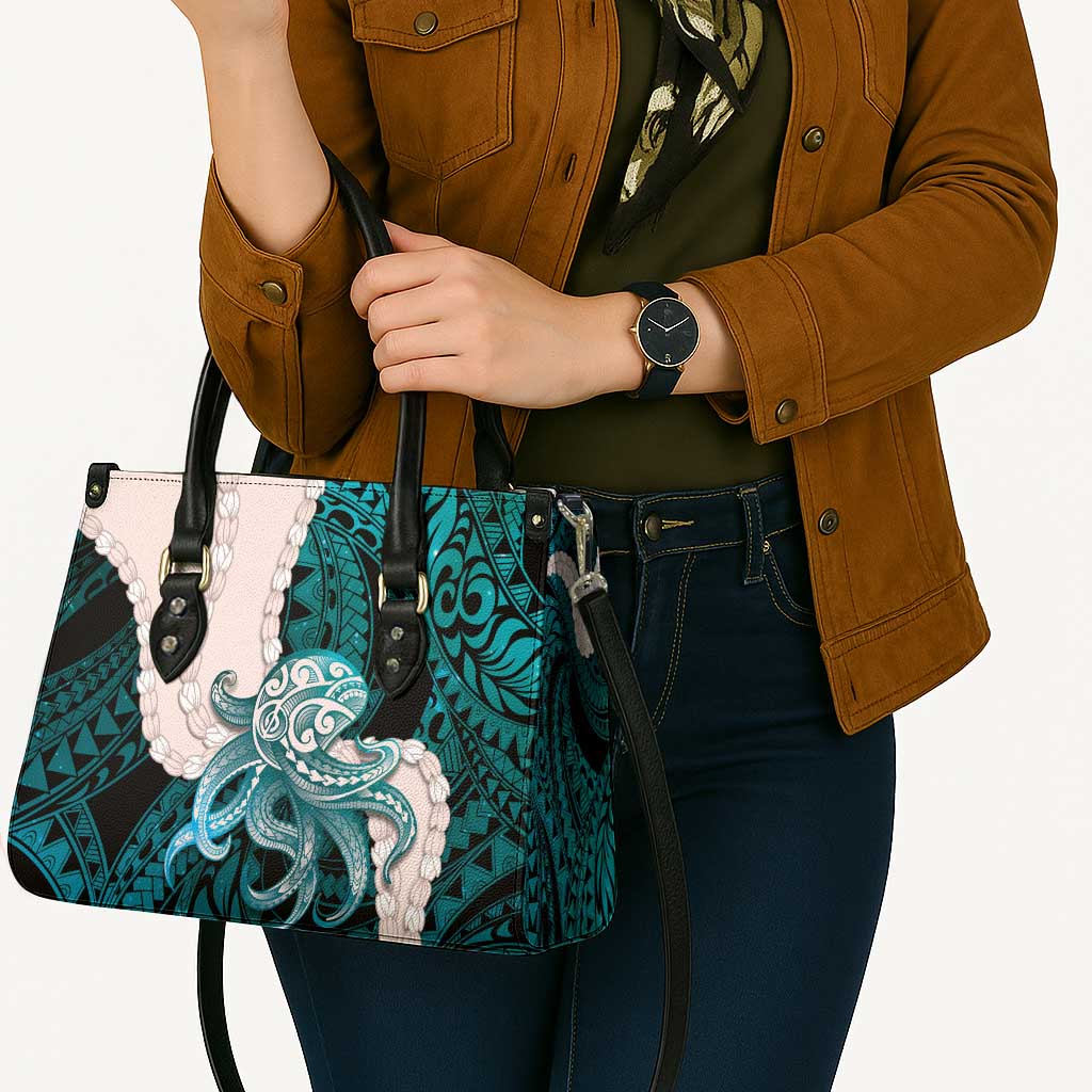 Teal Galaxy Polynesia Tribal Octopus Tattoo Leather Bag Pikake Lei Polynesian Pattern
