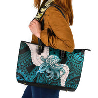 Teal Galaxy Polynesia Tribal Octopus Tattoo Leather Tote Bag Pikake Lei Polynesian Pattern