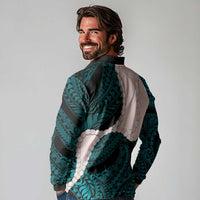 Teal Galaxy Polynesia Tribal Octopus Tattoo Long Sleeve Polo Shirt Pikake Lei Polynesian Pattern