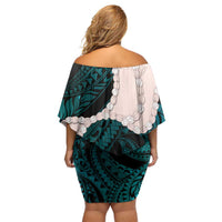 Teal Galaxy Polynesia Tribal Octopus Tattoo Off Shoulder Short Dress Pikake Lei Polynesian Pattern
