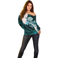 Teal Galaxy Polynesia Tribal Octopus Tattoo Off Shoulder Sweater Pikake Lei Polynesian Pattern