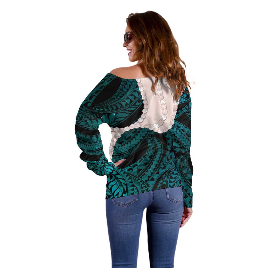 Teal Galaxy Polynesia Tribal Octopus Tattoo Off Shoulder Sweater Pikake Lei Polynesian Pattern