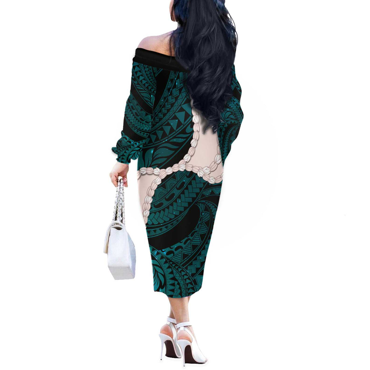Teal Galaxy Polynesia Tribal Octopus Tattoo Off The Shoulder Long Sleeve Dress Pikake Lei Polynesian Pattern LT14 - Polynesian Pride