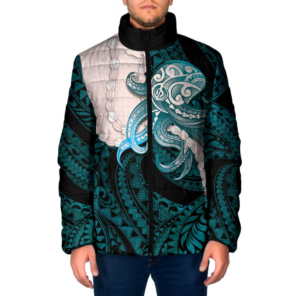 Teal Galaxy Polynesia Tribal Octopus Tattoo Padded Jacket Pikake Lei Polynesian Pattern