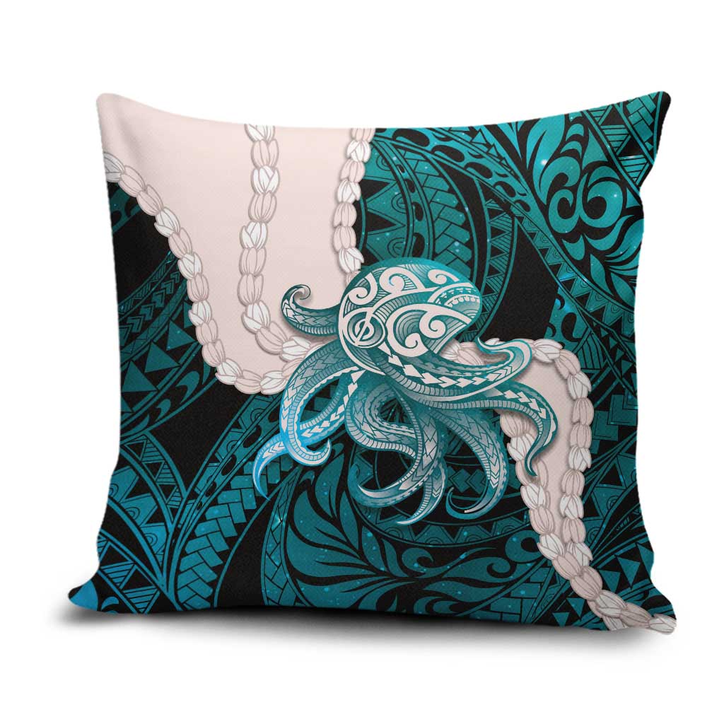 Teal Galaxy Polynesia Tribal Octopus Tattoo Pillow Cover Pikake Lei Polynesian Pattern