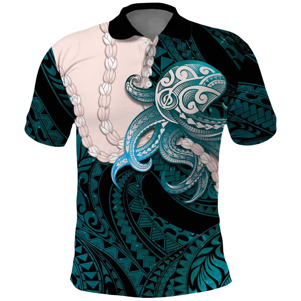 Teal Galaxy Polynesia Tribal Octopus Tattoo Polo Shirt Pikake Lei Polynesian Pattern