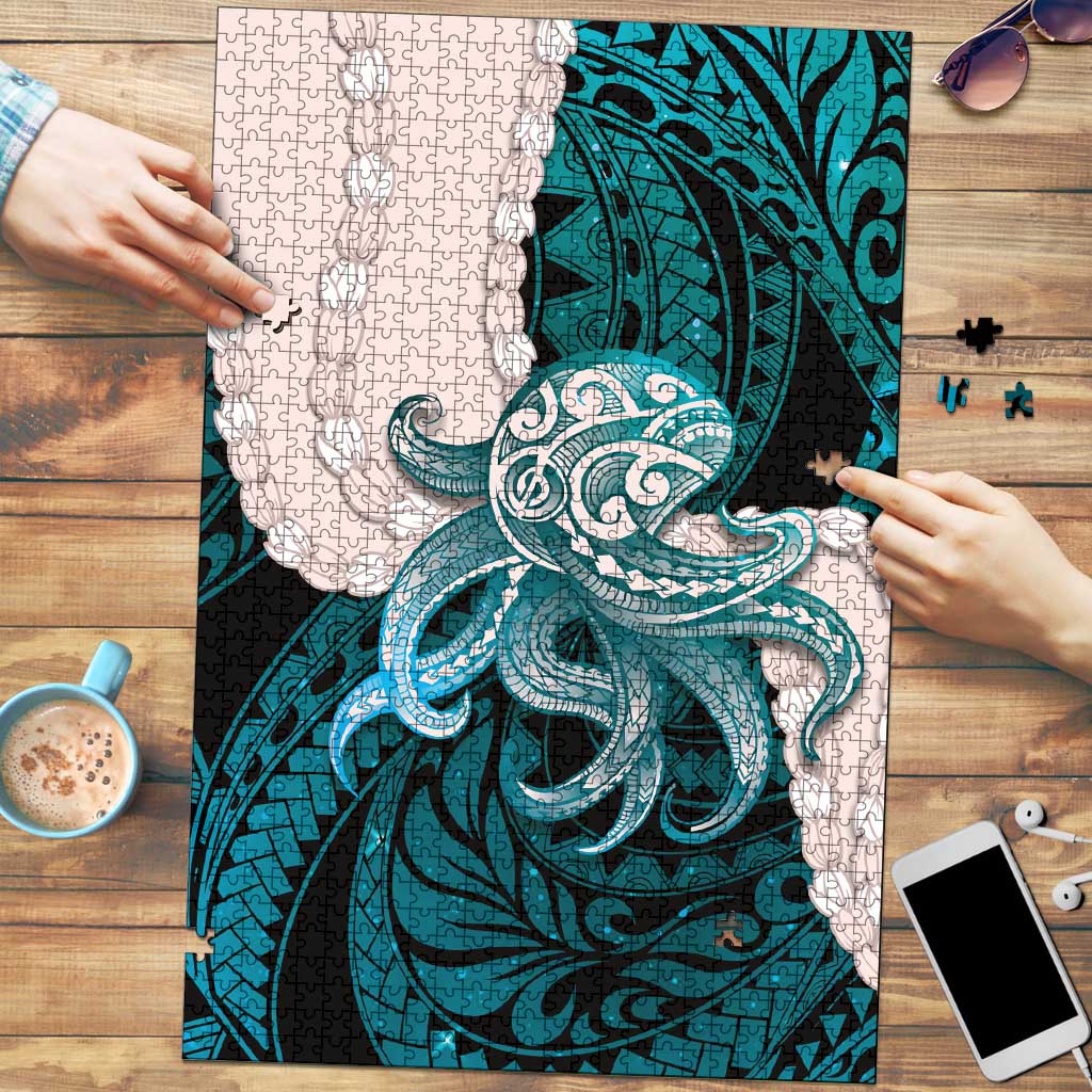 Teal Galaxy Polynesia Tribal Octopus Tattoo Puzzle Pikake Lei Polynesian Pattern