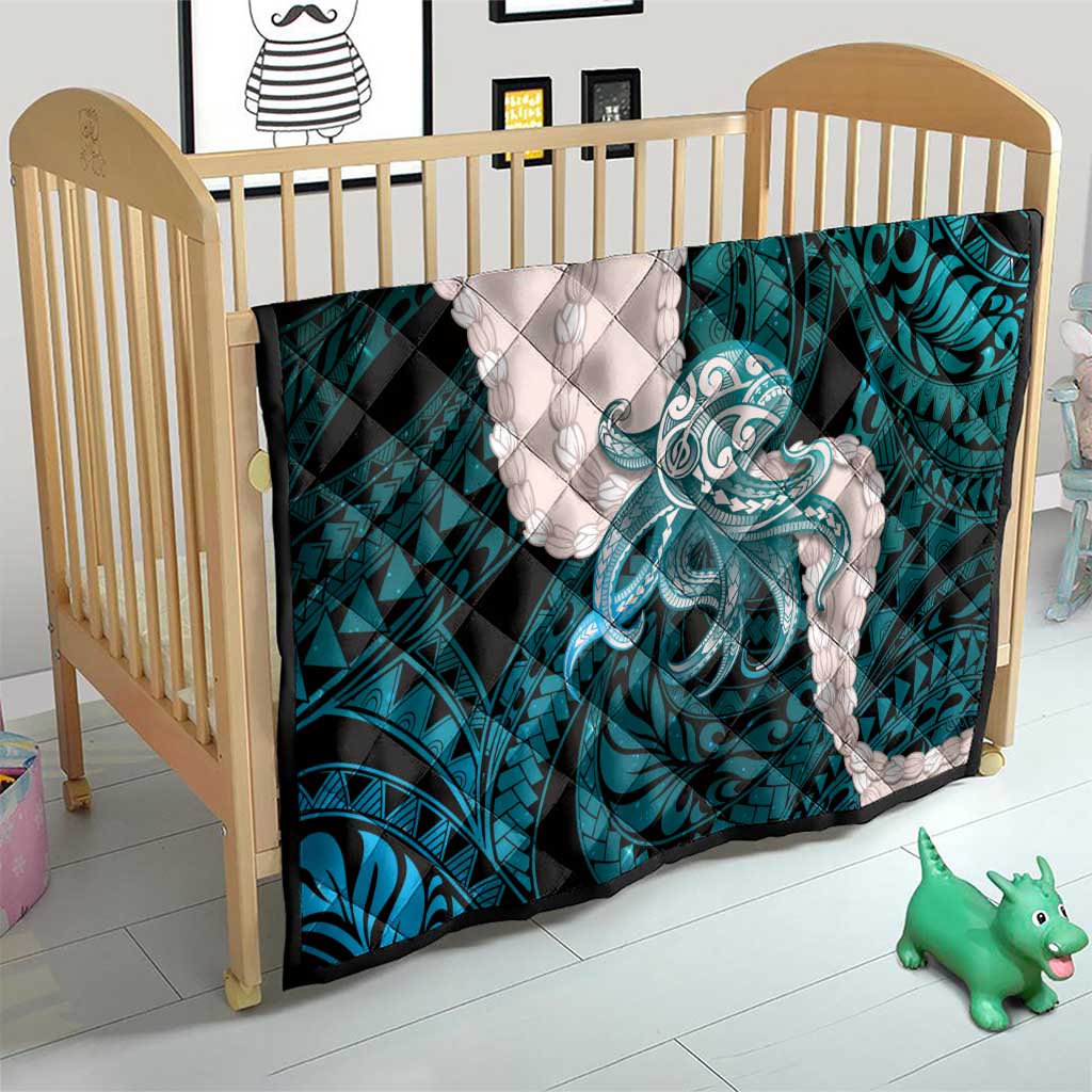 Teal Galaxy Polynesia Tribal Octopus Tattoo Quilt Pikake Lei Polynesian Pattern