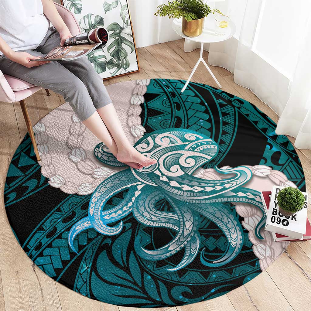 Teal Galaxy Polynesia Tribal Octopus Tattoo Round Carpet Pikake Lei Polynesian Pattern