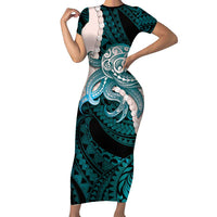 Teal Galaxy Polynesia Tribal Octopus Tattoo Short Sleeve Bodycon Dress Pikake Lei Polynesian Pattern LT14 Long Dress Teal - Polynesian Pride