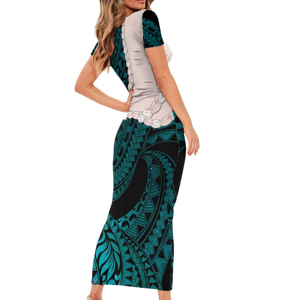 Teal Galaxy Polynesia Tribal Octopus Tattoo Short Sleeve Bodycon Dress Pikake Lei Polynesian Pattern LT14 - Polynesian Pride