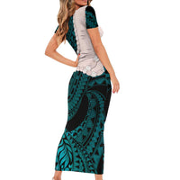 Teal Galaxy Polynesia Tribal Octopus Tattoo Short Sleeve Bodycon Dress Pikake Lei Polynesian Pattern LT14 - Polynesian Pride