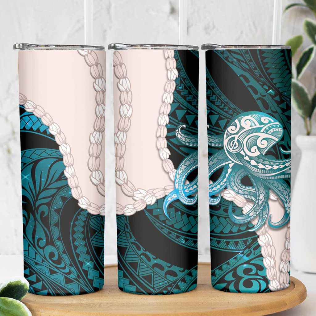 Teal Galaxy Polynesia Tribal Octopus Tattoo Skinny Tumbler Pikake Lei Polynesian Pattern LT14 - Polynesian Pride