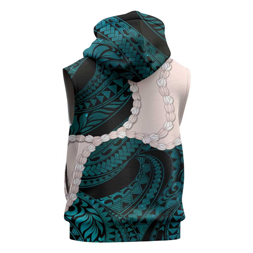 Teal Galaxy Polynesia Tribal Octopus Tattoo Sleeveless Hoodie Pikake Lei Polynesian Pattern