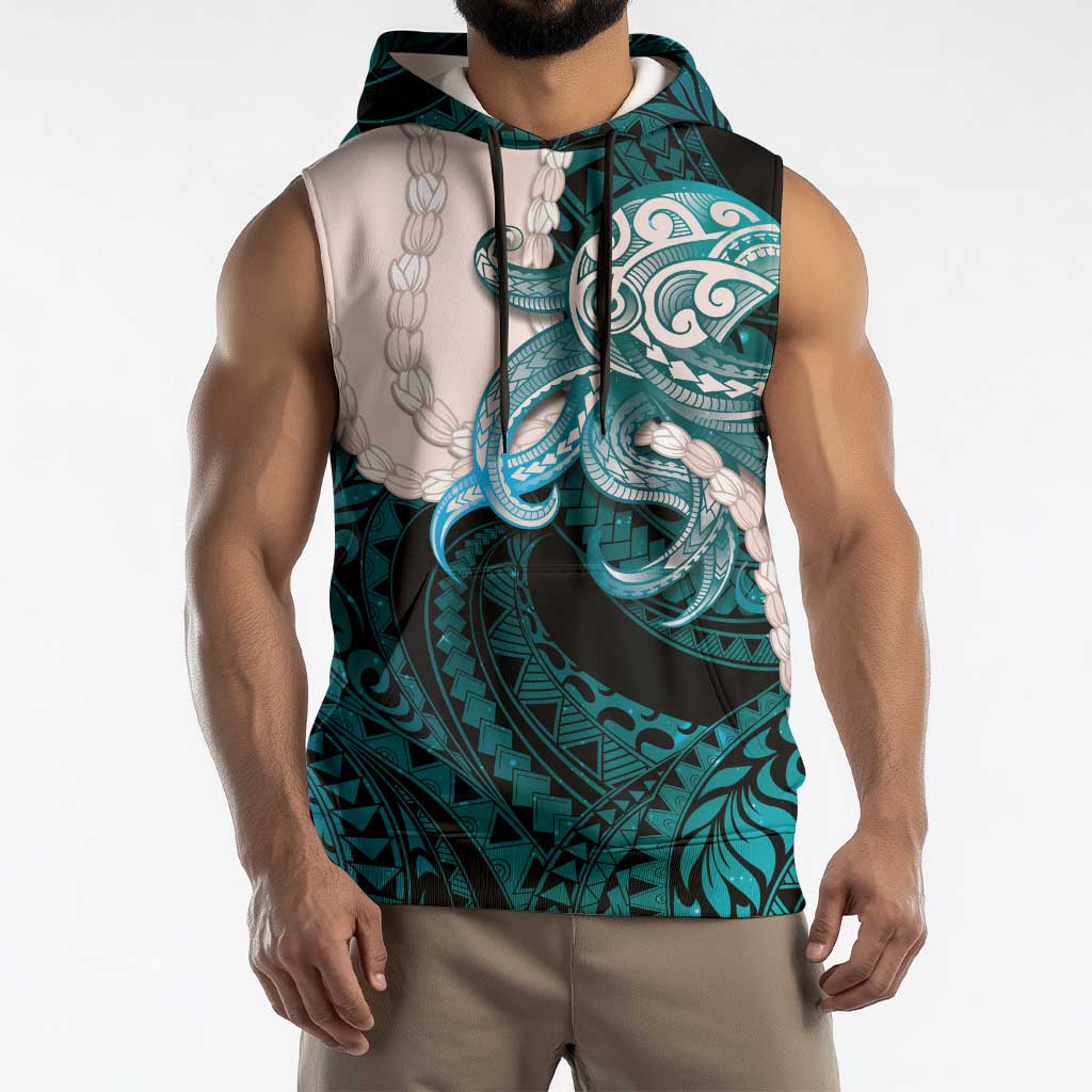 Teal Galaxy Polynesia Tribal Octopus Tattoo Sleeveless Hoodie Pikake Lei Polynesian Pattern