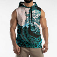 Teal Galaxy Polynesia Tribal Octopus Tattoo Sleeveless Hoodie Pikake Lei Polynesian Pattern