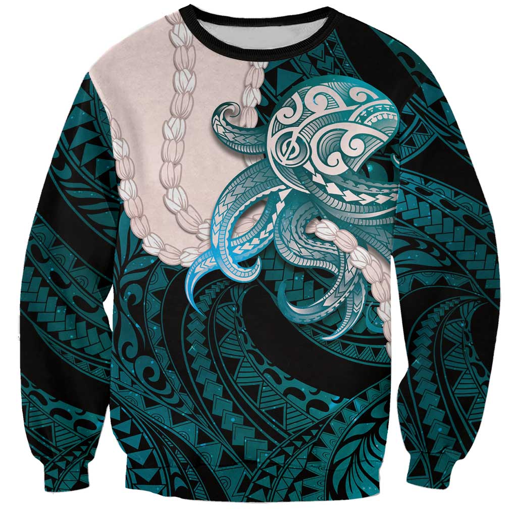 Teal Galaxy Polynesia Tribal Octopus Tattoo Sweatshirt Pikake Lei Polynesian Pattern