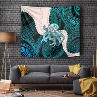 Teal Galaxy Polynesia Tribal Octopus Tattoo Tapestry Pikake Lei Polynesian Pattern