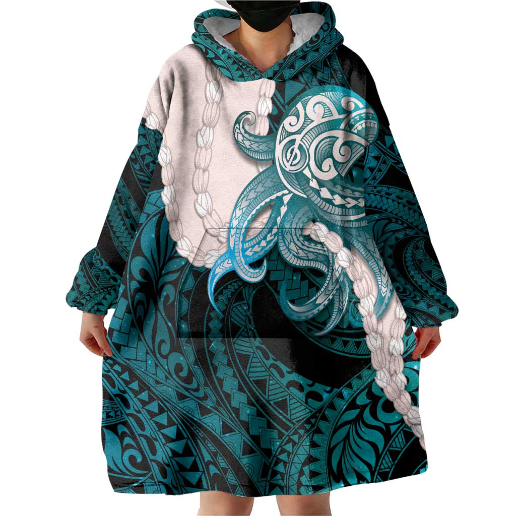 Teal Galaxy Polynesia Tribal Octopus Tattoo Wearable Blanket Hoodie Pikake Lei Polynesian Pattern LT14 - Polynesian Pride