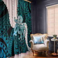 Teal Galaxy Polynesia Tribal Octopus Tattoo Window Curtain Pikake Lei Polynesian Pattern