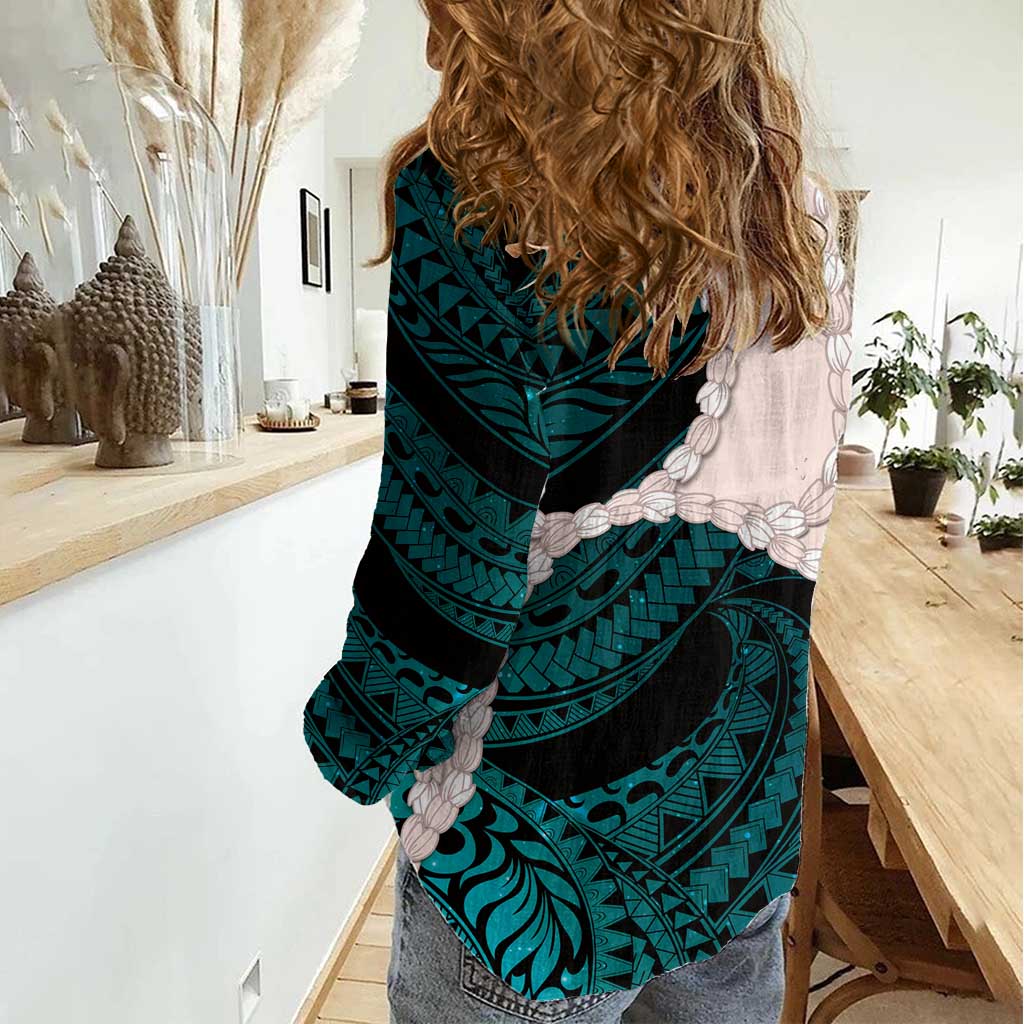 Teal Galaxy Polynesia Tribal Octopus Tattoo Women Casual Shirt Pikake Lei Polynesian Pattern