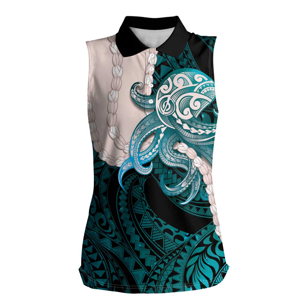 Teal Galaxy Polynesia Tribal Octopus Tattoo Women Sleeveless Polo Shirt Pikake Lei Polynesian Pattern