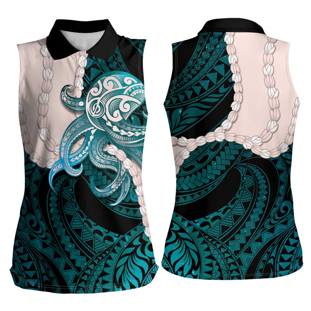 Teal Galaxy Polynesia Tribal Octopus Tattoo Women Sleeveless Polo Shirt Pikake Lei Polynesian Pattern