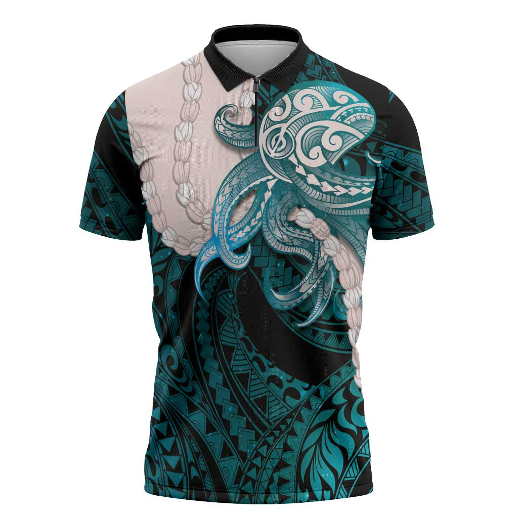 Teal Galaxy Polynesia Tribal Octopus Tattoo Zipper Polo Shirt Pikake Lei Polynesian Pattern