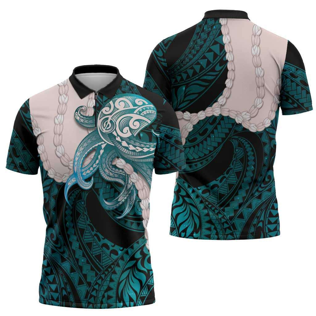 Teal Galaxy Polynesia Tribal Octopus Tattoo Zipper Polo Shirt Pikake Lei Polynesian Pattern