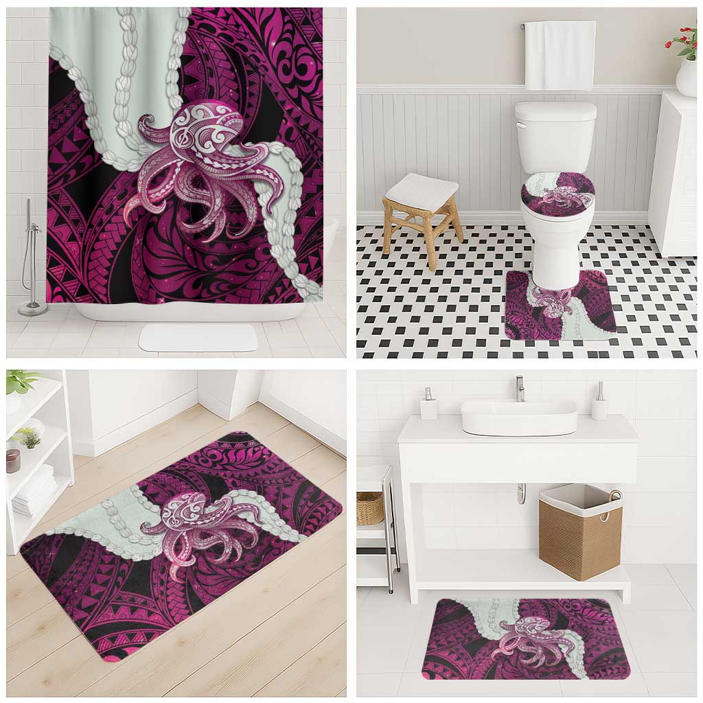 Pink Galaxy Polynesia Tribal Octopus Tattoo Bathroom Set Pikake Lei Polynesian Pattern