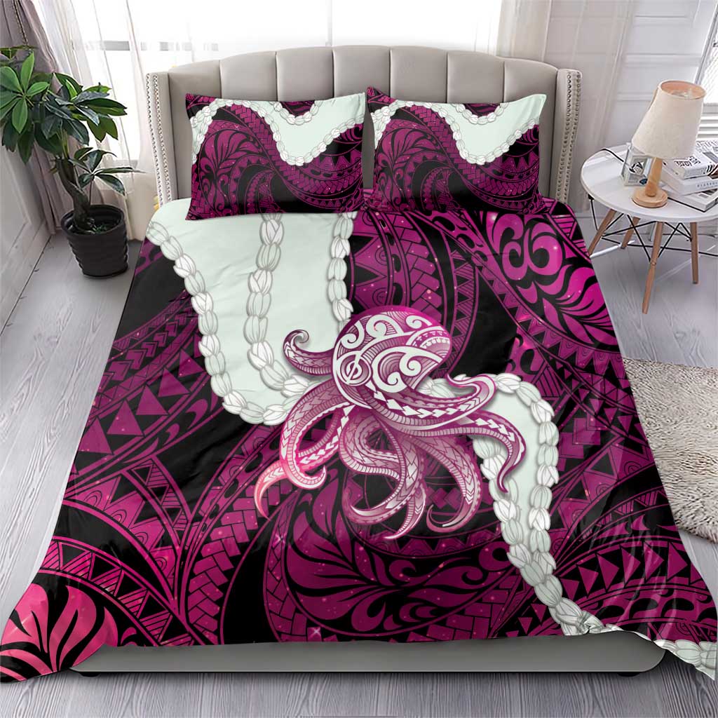 Pink Galaxy Polynesia Tribal Octopus Tattoo Bedding Set Pikake Lei Polynesian Pattern