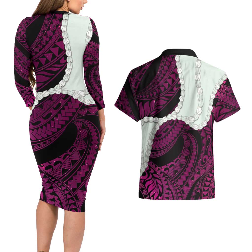 Pink Galaxy Polynesia Tribal Octopus Tattoo Couples Matching Long Sleeve Bodycon Dress and Hawaiian Shirt Pikake Lei Polynesian Pattern