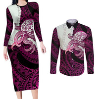 Pink Galaxy Polynesia Tribal Octopus Tattoo Couples Matching Long Sleeve Bodycon Dress and Long Sleeve Button Shirt Pikake Lei Polynesian Pattern