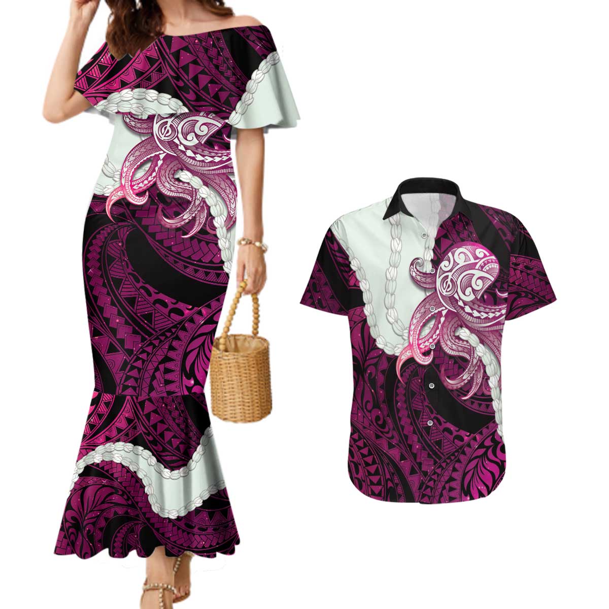 Pink Galaxy Polynesia Tribal Octopus Tattoo Couples Matching Mermaid Dress and Hawaiian Shirt Pikake Lei Polynesian Pattern