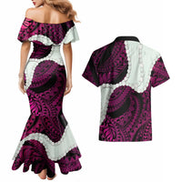 Pink Galaxy Polynesia Tribal Octopus Tattoo Couples Matching Mermaid Dress and Hawaiian Shirt Pikake Lei Polynesian Pattern