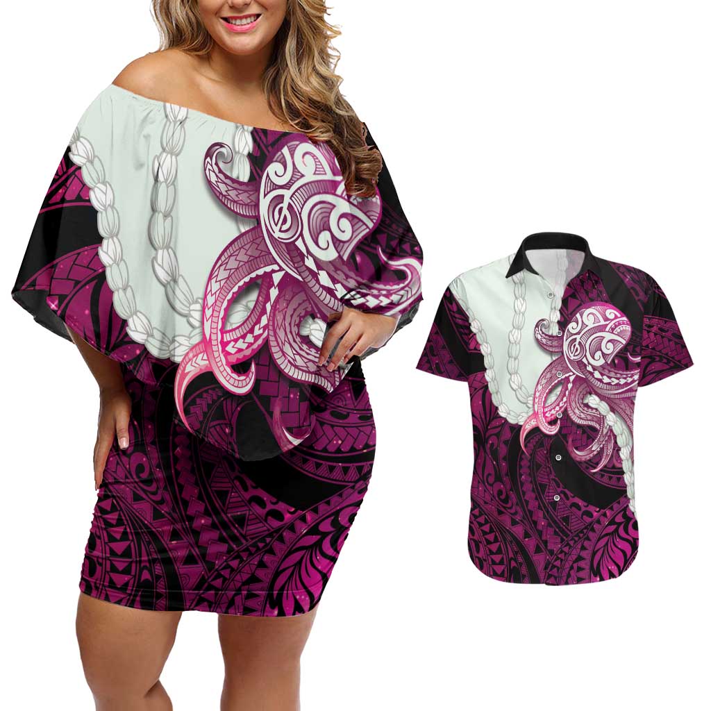 Pink Galaxy Polynesia Tribal Octopus Tattoo Couples Matching Off Shoulder Short Dress and Hawaiian Shirt Pikake Lei Polynesian Pattern
