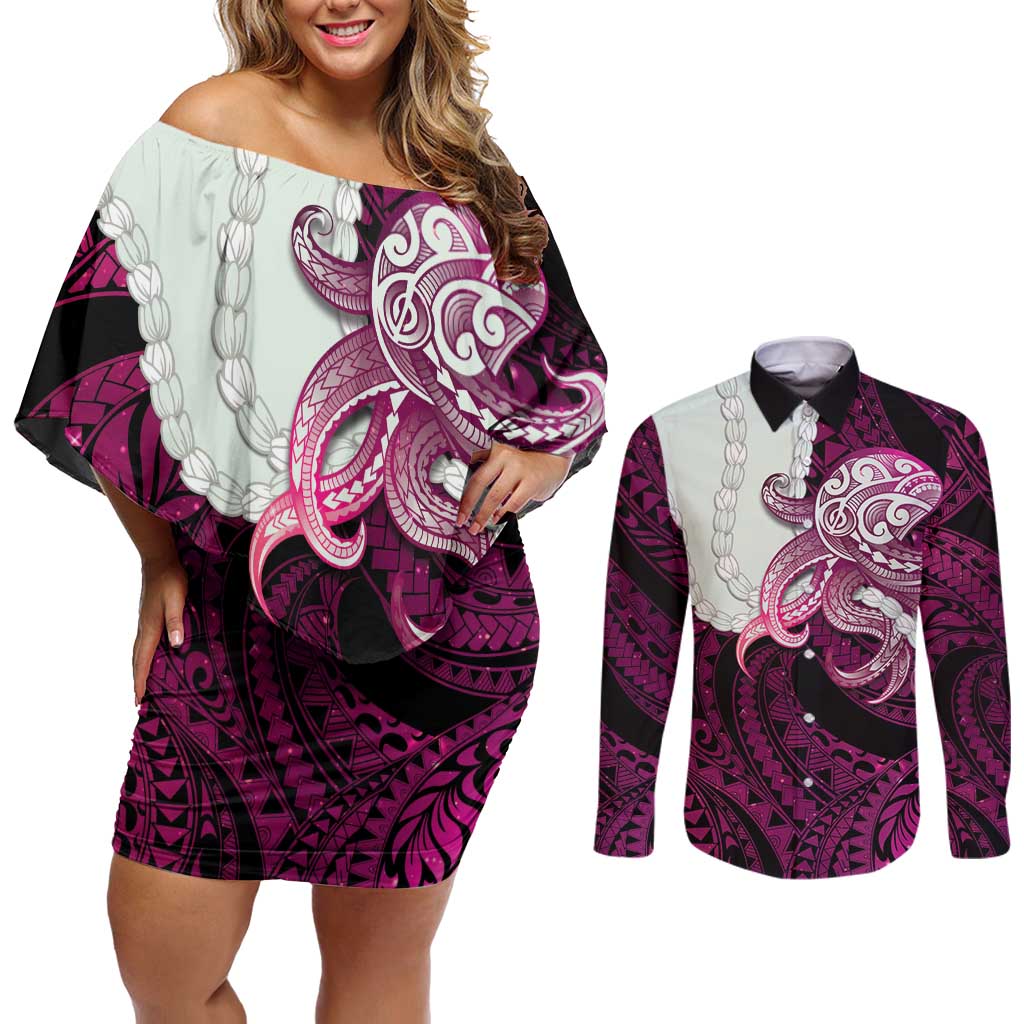 Pink Galaxy Polynesia Tribal Octopus Tattoo Couples Matching Off Shoulder Short Dress and Long Sleeve Button Shirt Pikake Lei Polynesian Pattern